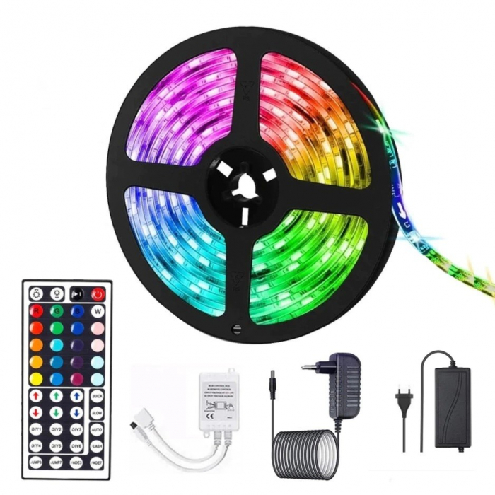 Kit Banda Led RGB SMD 5050 cu Transformator inclus Flippy - Lungime 5 M, 270 LED-uri, Telecomanda 44 taste, pentru TV, PC, Auto, IP65, Lumina Ambientala [1]