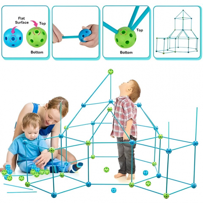 Kit de Constructie Fort 3D pentru Copii, Flippy, 560 g, 36 Sfere, 51 Tije, Panza Verde Impermeabil, 3 ani, Educativ, Multicolor [5]