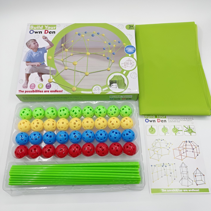 Kit de Constructie Fort 3D pentru Copii, Flippy, 560 g, 36 Sfere, 51 Tije, Panza Verde Impermeabil, 3 ani, Educativ, Multicolor [3]