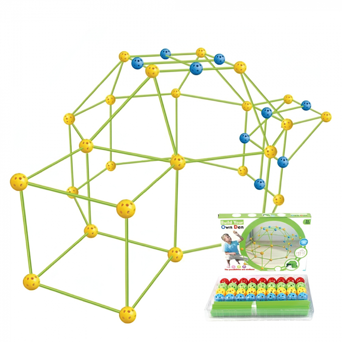 Kit de Constructie Fort 3D pentru Copii, Flippy, 560 g, 36 Sfere, 51 Tije, Panza Verde Impermeabil, 3 ani, Educativ, Multicolor [1]