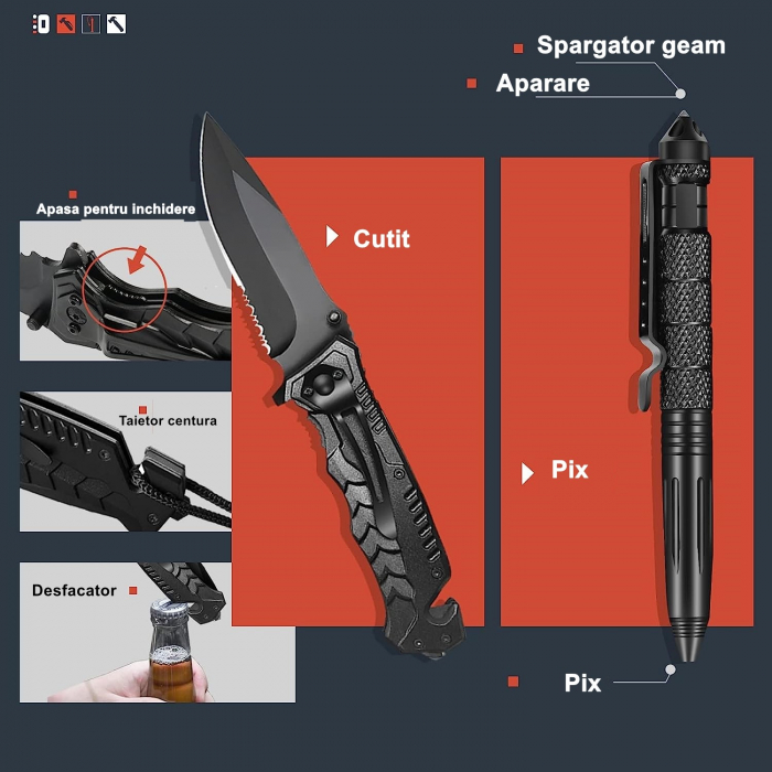 * LICHIDARE STOC * Kit supravietuire 19 in 1 Flippy, Cutit/Busola/Lanterna/Fluier/Chingi/Paracord, pentru Caping, Drumetii, Aventuri, Insturmente profesionale, Negru - [3]