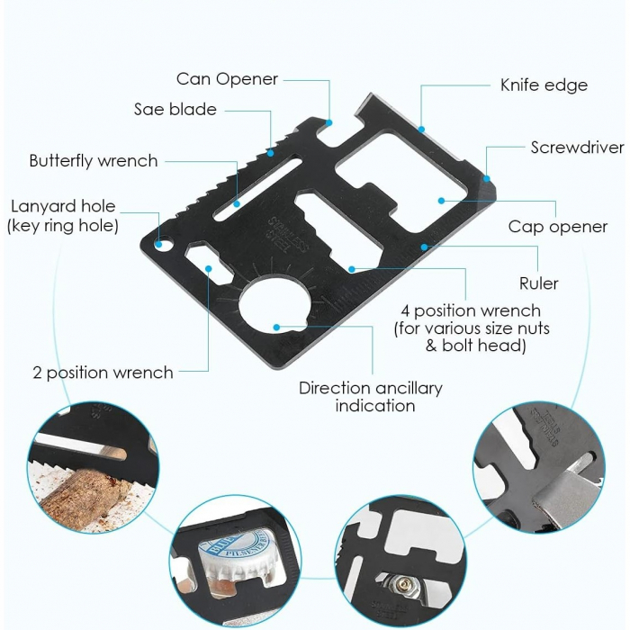 Kit supravietuire multifunctional 13 in 1 Flippy, Instrumente profesionale, agatatoare ghiozdan, pentru Camping, Drumetii, Aventuri in aer liber, borseta inclusa, model cutie, negru [5]