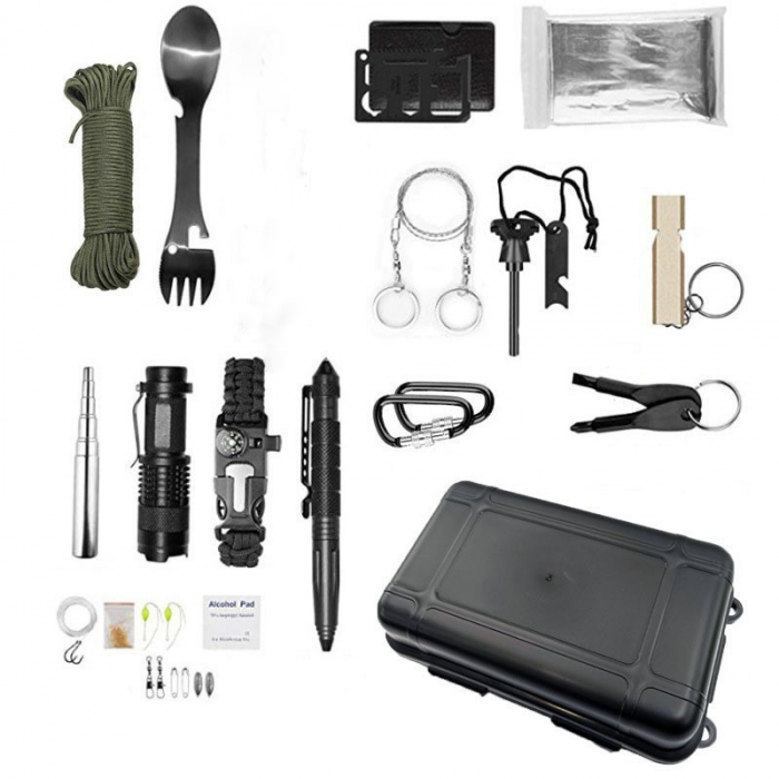 Kit supravietuire multifunctional Flippy, Instrumente profesionale, Agatatoare ghiozdan, pentru Camping, Drumetii, Aventuri in aer liber, negru [1]