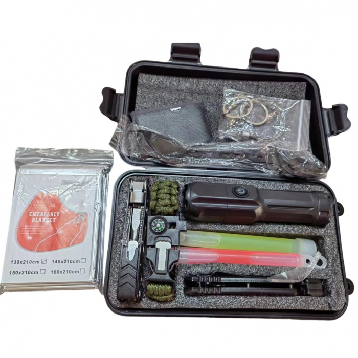 Kit supravietuire multifunctional, Flippy, Instrumente profesionale, Tip Valiza, pentru Camping, Drumetii, Aventuri in aer liber, 130x210 cm, Negru [1]