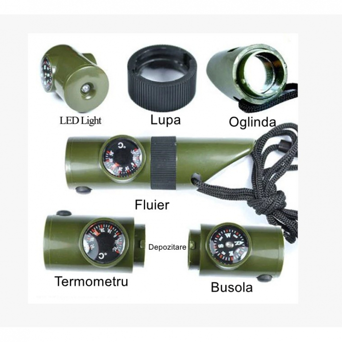 Kit supravieturie Flippy, Fluier multifunctional 7 in 1, pentru drumetii, hiking, lupa, fluier, termometru, depozitare pastile, busola, din material ABS, cu snur, 9,7 x 2,8 cm, verde [11]