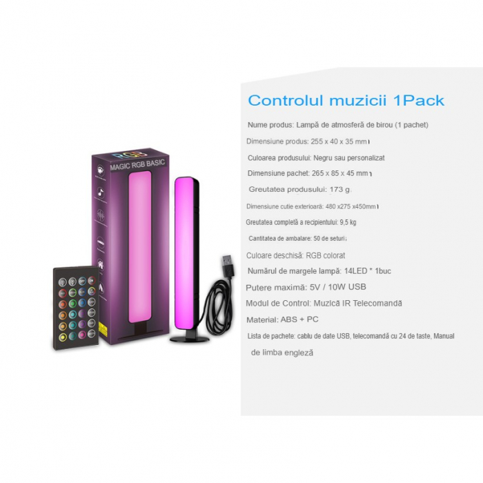 Lampa de Birou, Flippy, RGB Colorat, 14 LED, Putere 5V, Telecomanda cu 24 de Taste, Cablu USB, Negru, 25.5x4x3.5cm [9]