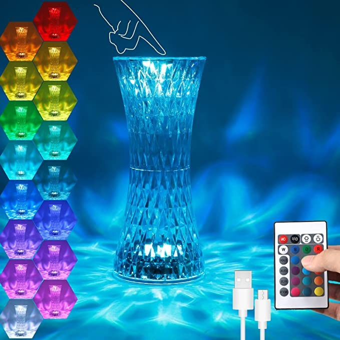 Lampa de birou pe LED RGB 16, Flippy, dimmer tactil, 3 nivele de intensitate, incarcare USB, 3W, Cristal Acrilic, 8x19 cm, cu telecomanda, forma vaza, model 2, transparent [5]