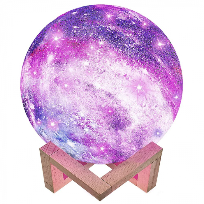 Lampa de veghe cu telecomanda in forma de luna cu stele 3D Moon Light 7 culori, alimentare baterii, stand din lemn inclus, 15 cm, Flippy [1]