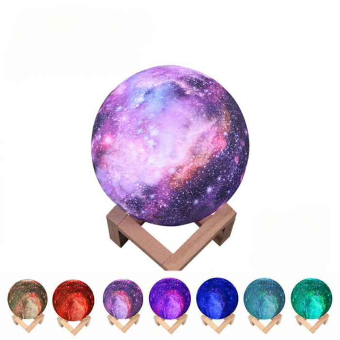 Lampa de veghe cu telecomanda in forma de luna cu stele 3D Moon Light 7 culori, alimentare baterii, stand din lemn inclus, 15 cm, Flippy [6]