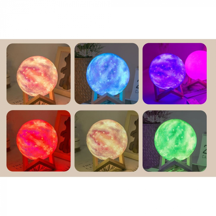 Lampa de veghe cu telecomanda in forma de luna cu stele 3D Moon Light 7 culori, alimentare baterii, stand din lemn inclus, 15 cm, Flippy [4]