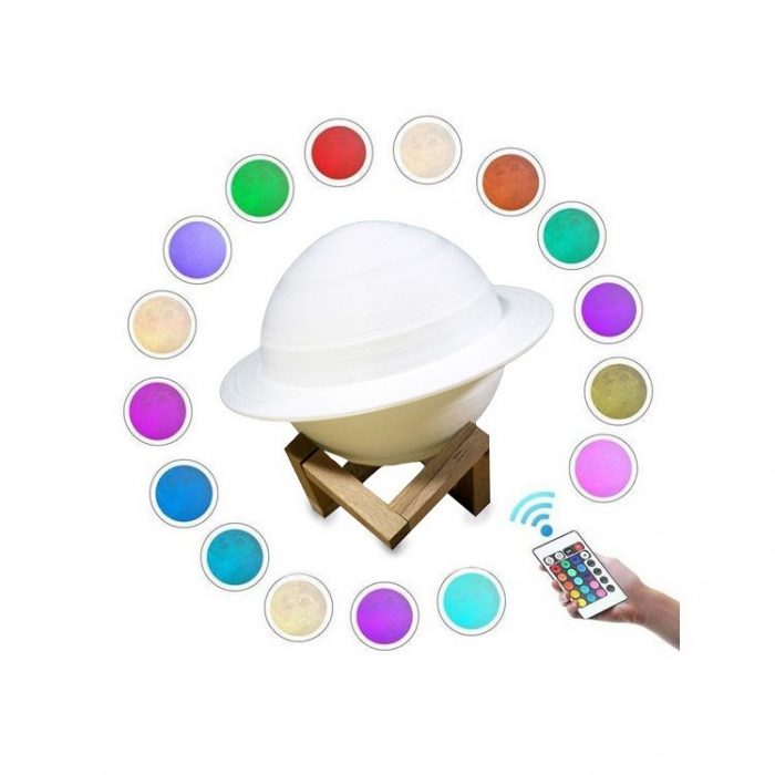 Lampa de veghe cu telecomanda in forma de Saturn 3D Saturn Light 16 culori, alimentare baterii, stand lemn inclus, 15 cm, Flippy [3]