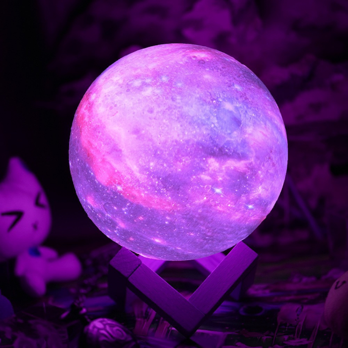 Lampa de veghe in forma de luna cu stele 3D Moon Light, alimentare baterii, stand din lemn inclus, 10 cm, Flippy [4]