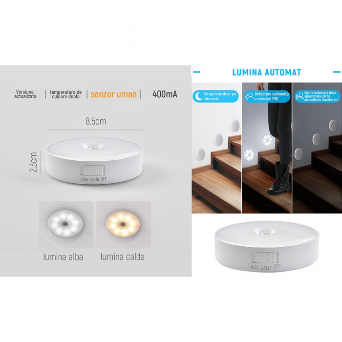 Lampa de Veghe LED, Flippy, cu Senzor de Miscare, Incarcare USB, 0.6W, 300mAh, Design Rotund, Alb, 8.5x2.3 cm [5]