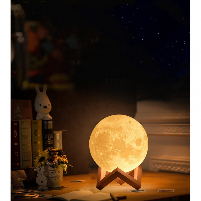 Lampa de veghe luna 3D Moon Light, lumina LED alb cald, alimentare baterii, stand din plastic, 20 cm, Flippy [8]