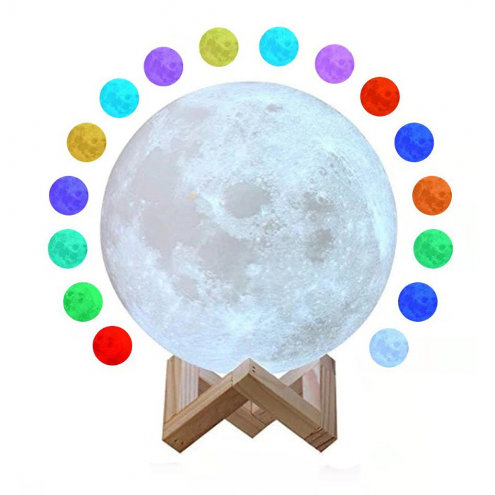 Lampa de veghe luna 3D Moon Light, lumina multicolora cu LED, 7 culori ,schimbare culoare prin atingere,, alimentare baterii, fara acumulator, stand din plastic inclus, 15 cm, Flippy [1]