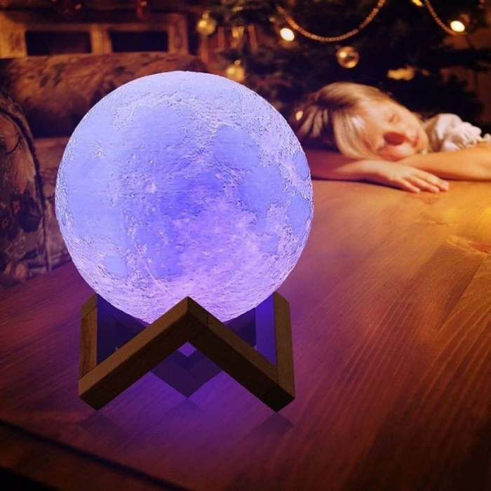 Lampa de veghe luna 3D Moon Light, lumina multicolora cu LED, 7 culori, schimbare culoare prin atingere, alimentare baterii, fara acumulator, stand din plastic inclus, 18 cm, Flippy [9]