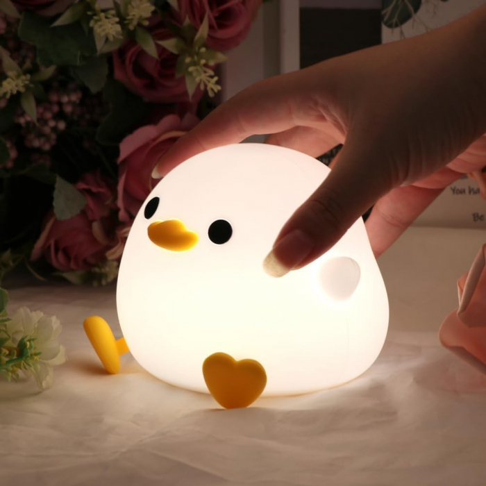 Lampa de Veghe pentru Copii, Flippy, din Silicon, Senzor Tactil, Model Ratusca, Lumina Calda, Timer Automat, Protectie pentru Ochi, Incarcare USB Putere 0.5W, Capacitate Baterie Incorporata 800mAh, 12 [5]