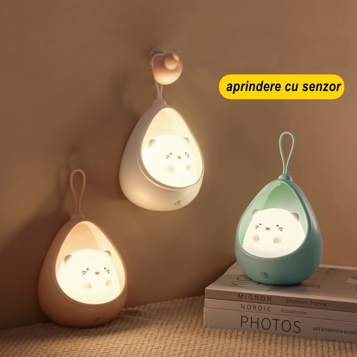 Lampa de veghe portabila cu 2 moduri de functionare Flippy, silicon non-toxic, reincarcabila USB, senzor miscare, alb, iepuras [2]