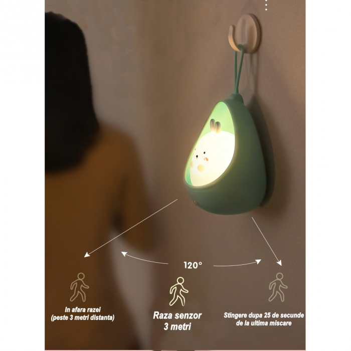 Lampa de veghe portabila cu 2 moduri de functionare Flippy, silicon non-toxic, reincarcabila USB, senzor miscare, albastru, iepuras [2]