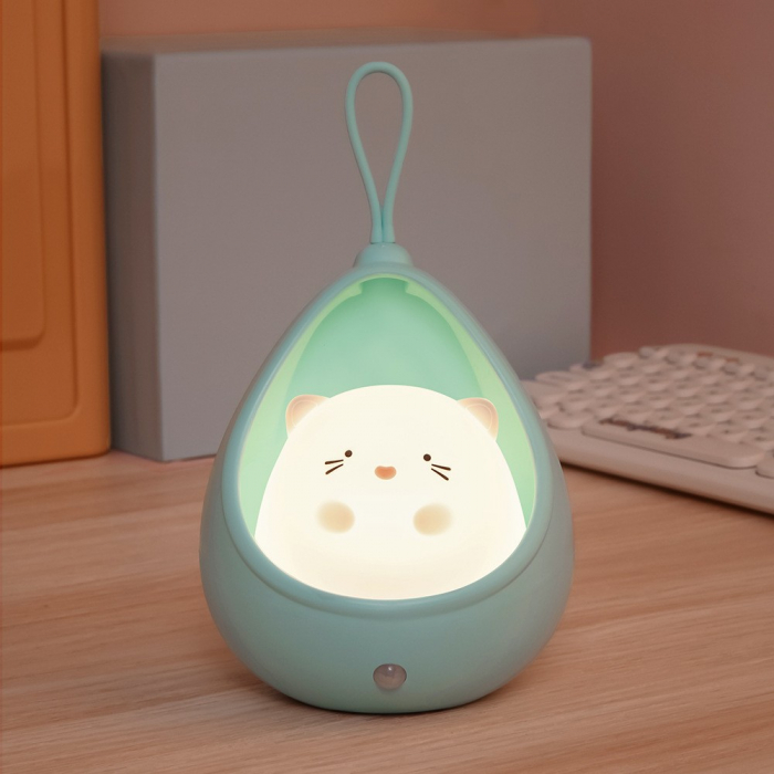 Lampa de veghe portabila cu 2 moduri de functionare Flippy, silicon non-toxic, reincarcabila USB, senzor miscare, albastru, pisicuta [6]