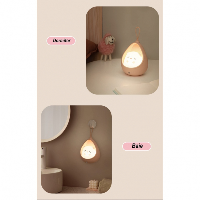 Lampa de veghe portabila cu 2 moduri de functionare Flippy, silicon non-toxic, reincarcabila USB, senzor miscare, roz, iepuras [6]