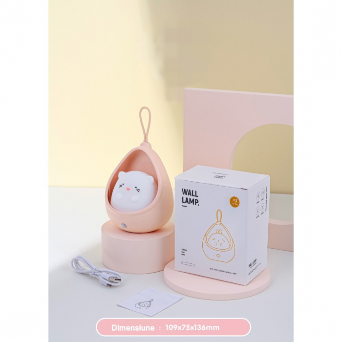 Lampa de veghe portabila cu 2 moduri de functionare Flippy, silicon non-toxic, reincarcabila USB, senzor miscare, roz, iepuras [13]