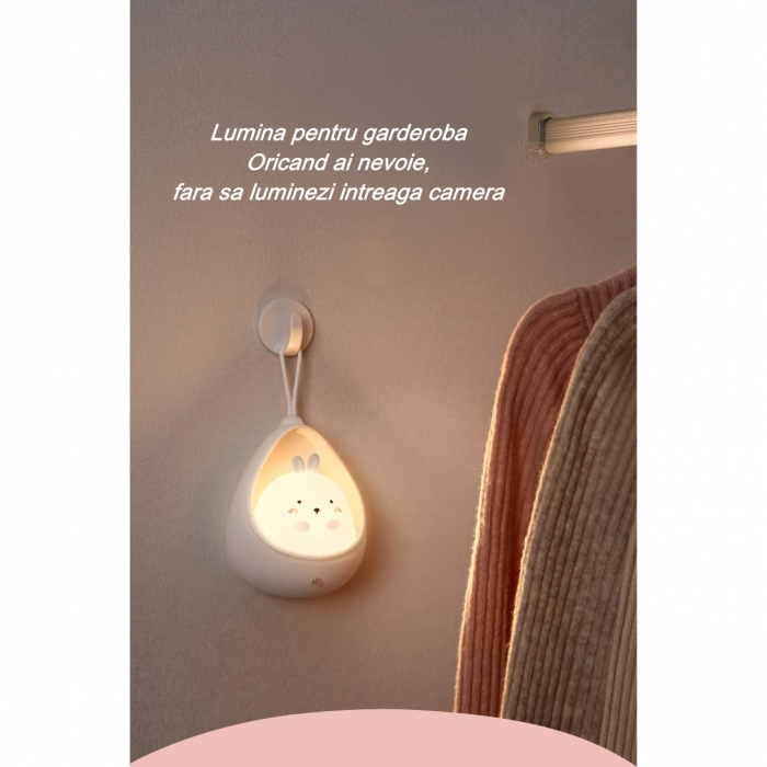 Lampa de veghe portabila cu 2 moduri de functionare Flippy, silicon non-toxic, reincarcabila USB, senzor miscare, roz, iepuras [7]