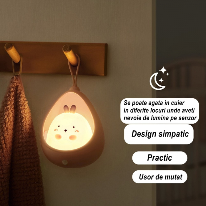 Lampa de veghe portabila cu 2 moduri de functionare Flippy, silicon non-toxic, reincarcabila USB, senzor miscare, roz, iepuras [2]