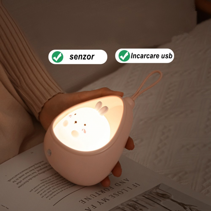 Lampa de veghe portabila cu 2 moduri de functionare Flippy, silicon non-toxic, reincarcabila USB, senzor miscare, roz, iepuras [3]