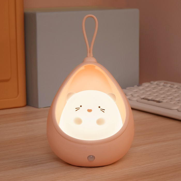 Lampa de veghe portabila cu 2 moduri de functionare Flippy, silicon non-toxic, reincarcabila USB, senzor miscare, roz, pisicuta [3]