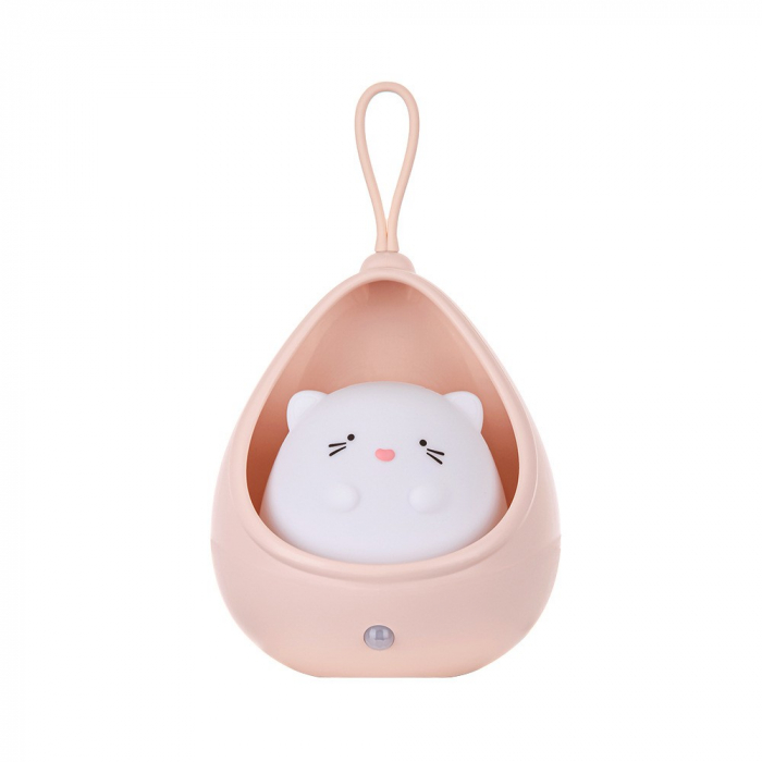 Lampa de veghe portabila cu 2 moduri de functionare Flippy, silicon non-toxic, reincarcabila USB, senzor miscare, roz, pisicuta [1]