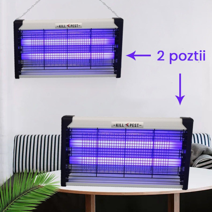 Lampa Electrica Anti Insecte, Flippy, Lumina Neon, 2 tuburi cu putere de 30W, Suspensie Perete, Carcasa din Plastic Metalica, 49 x 25 x 6 cm, Alb Negru [2]