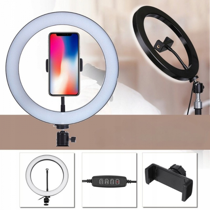 Lampa LED Circulara cu Trepied Metalic Extensibil, Flippy, Rotativa 360 de Grade, Lungime Extensie 210 cm, Diametru Lampa 26 cm, Conectare USB, Telecomanda, 3 Trepte de Lumina, Negru [6]