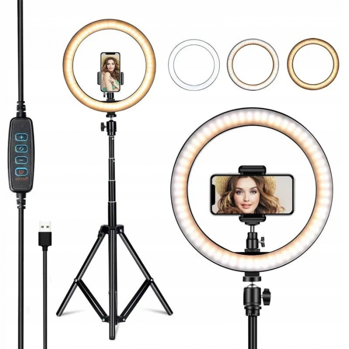 Lampa LED Circulara cu Trepied Metalic Extensibil, Flippy, Rotativa 360 de Grade, Lungime Extensie 210 cm, Diametru Lampa 26 cm, Conectare USB, Telecomanda, 3 Trepte de Lumina, Negru [14]