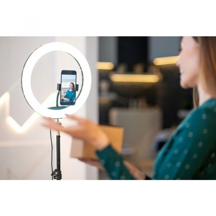 Lampa LED Circulara cu Trepied Metalic Extensibil, Flippy, Rotativa 360 de Grade, Lungime Extensie 210 cm, Diametru Lampa 26 cm, Conectare USB, Telecomanda, 3 Trepte de Lumina, Negru [8]