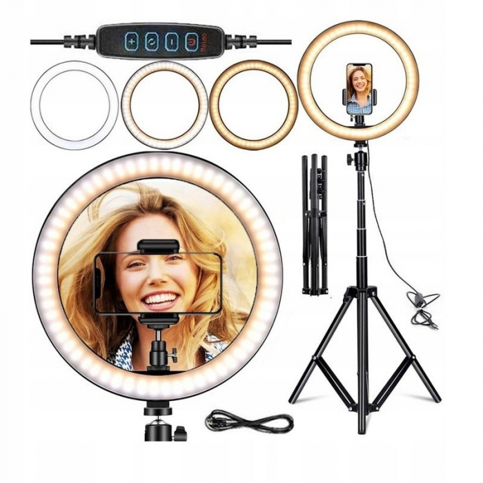 Lampa LED Circulara cu Trepied Metalic Extensibil, Flippy, Rotativa 360 de Grade, Lungime Extensie 210 cm, Diametru Lampa 26 cm, Conectare USB, Telecomanda, 3 Trepte de Lumina, Negru [13]