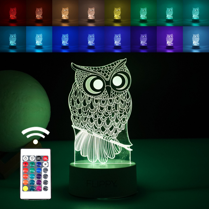 Lampa LED decorativa, Flippy, 3D, Bufnita, cu USB si baterii, 20 cm inaltime, din material acril, lumina multicolora si telecomanda inclusa, alb [1]