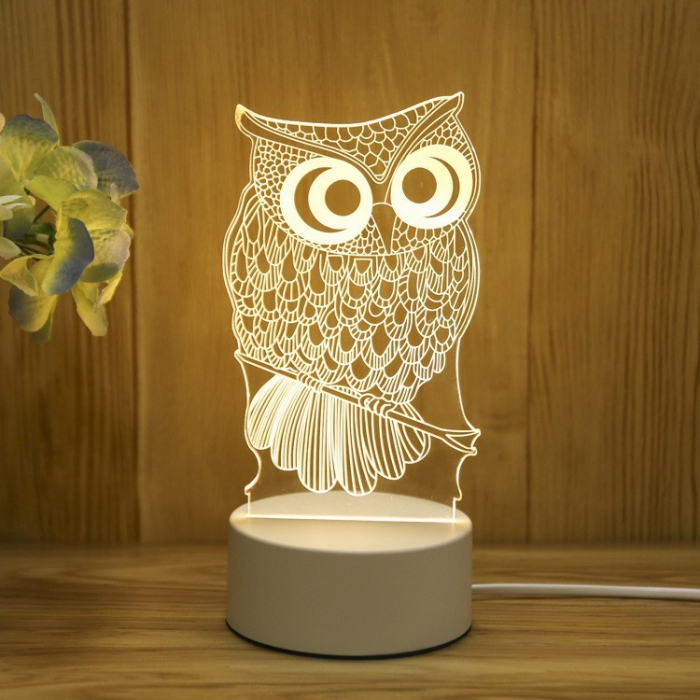Lampa LED decorativa, Flippy, 3D, Bufnita, cu USB si baterii, 20 cm inaltime, din material acril, lumina multicolora si telecomanda inclusa, alb [5]