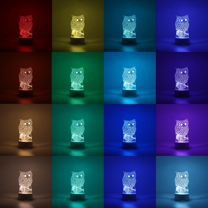 Lampa LED decorativa, Flippy, 3D, Bufnita, cu USB si baterii, 20 cm inaltime, din material acril, lumina multicolora si telecomanda inclusa, alb [2]