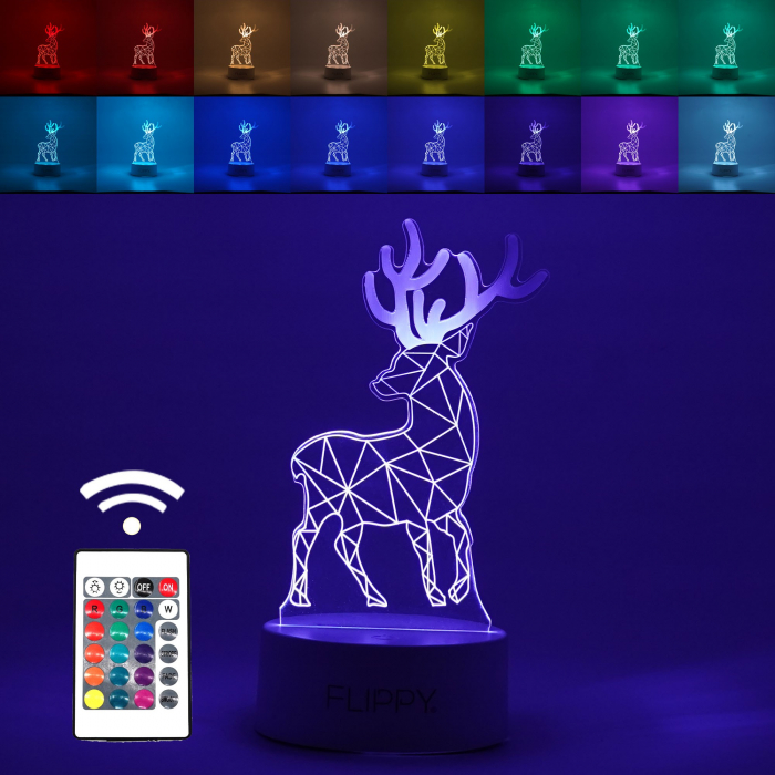 Lampa LED decorativa, Flippy, 3D, Cerb, cu telecomanda, doua moduri de alimentare USB si baterii, 20 cm inaltime, din material acril si lumina multicolora, alb [1]