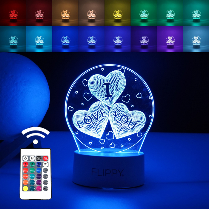 Lampa LED decorativa, Flippy, 3D, cu text &quot;I love you&quot;, doua moduri de alimentare USB si baterii, 20 cm inaltime, din material acril si lumina multicolora, alb [1]
