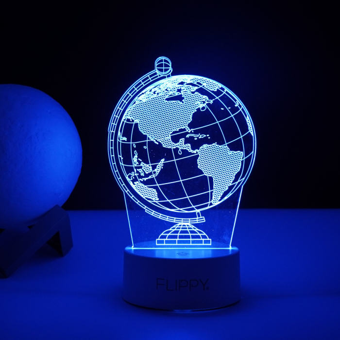 Lampa LED decorativa, Flippy, 3D, Globul Pamantesc, doua moduri de alimentare USB si baterii, 20 cm inaltime, din material acril si lumina multicolora, alb [4]