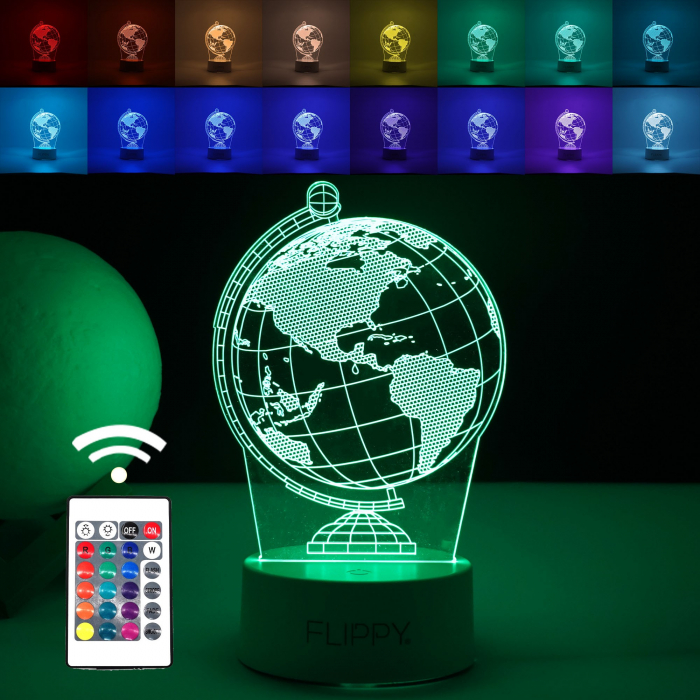 Lampa LED decorativa, Flippy, 3D, Globul Pamantesc, doua moduri de alimentare USB si baterii, 20 cm inaltime, din material acril si lumina multicolora, alb [1]