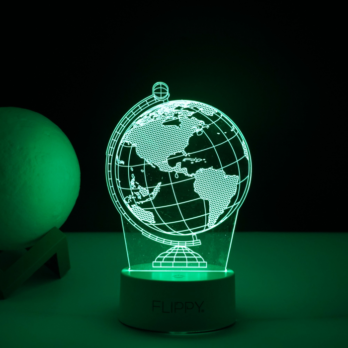 Lampa LED decorativa, Flippy, 3D, Globul Pamantesc, doua moduri de alimentare USB si baterii, 20 cm inaltime, din material acril si lumina multicolora, alb [3]