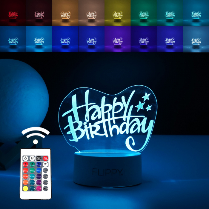 Lampa LED decorativa, Flippy, 3D, Happy Birthday, cu USB si baterii, 20 cm inaltime, din material acril, lumina multicolora si telecomanda inclusa, alb [1]
