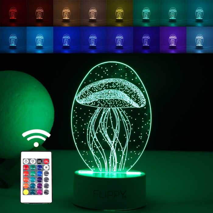 Lampa LED decorativa, Flippy, 3D, Meduza, din material acril si lumina multicolora, alb [1]