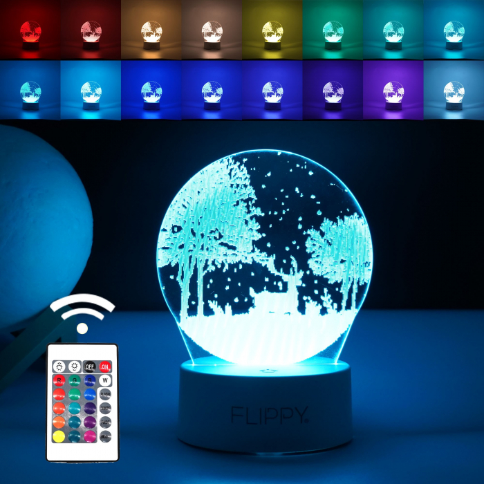Lampa LED decorativa, Flippy, 3D, Peisaj de iarna, cu telecomanda, doua moduri de alimentare USB si baterii, 20 cm inaltime, din material acril si lumina multicolora, alb [1]