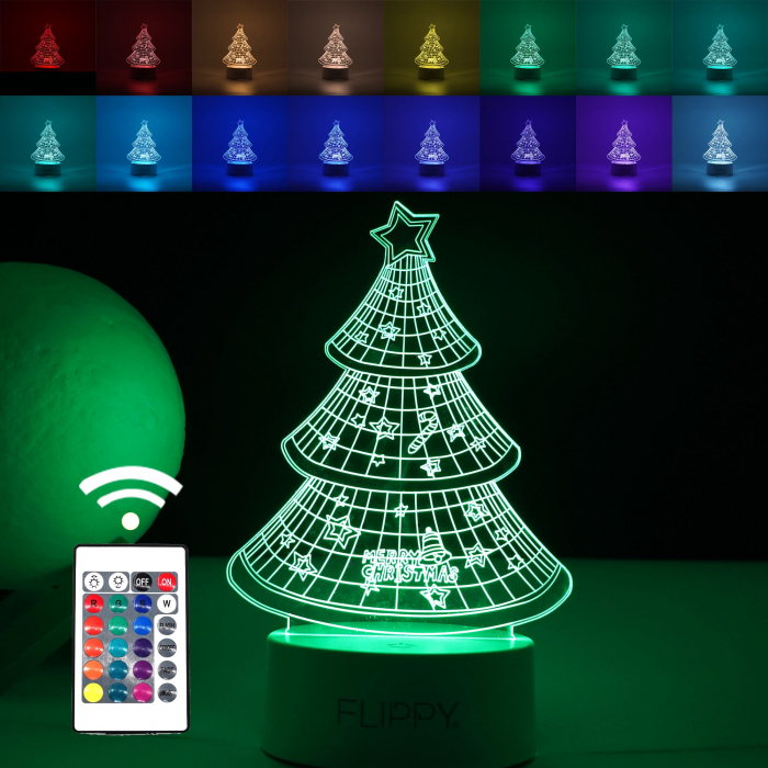 Lampa LED decorativa, Flippy, 3D, Pom de Craciun, din material acril si lumina multicolora, alb [1]