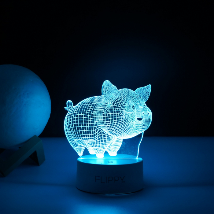 Lampa LED decorativa, Flippy, 3D, Porcusor Gras, din material acril si lumina multicolora, alb [3]