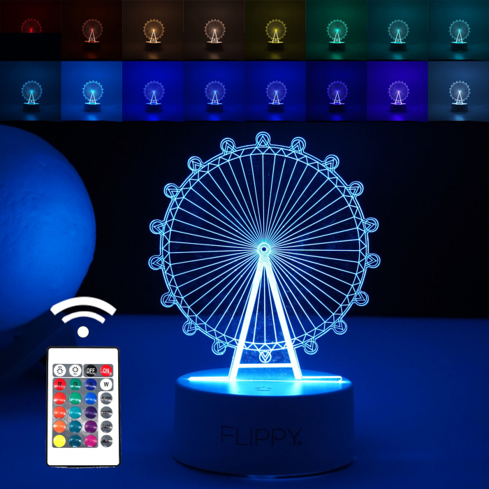 Lampa LED decorativa, Flippy, 3D, Roata Panoramica, cu telecomanda, doua moduri de alimentare USB si baterii, 20 cm inaltime, din material acril si lumina multicolora, alb [1]